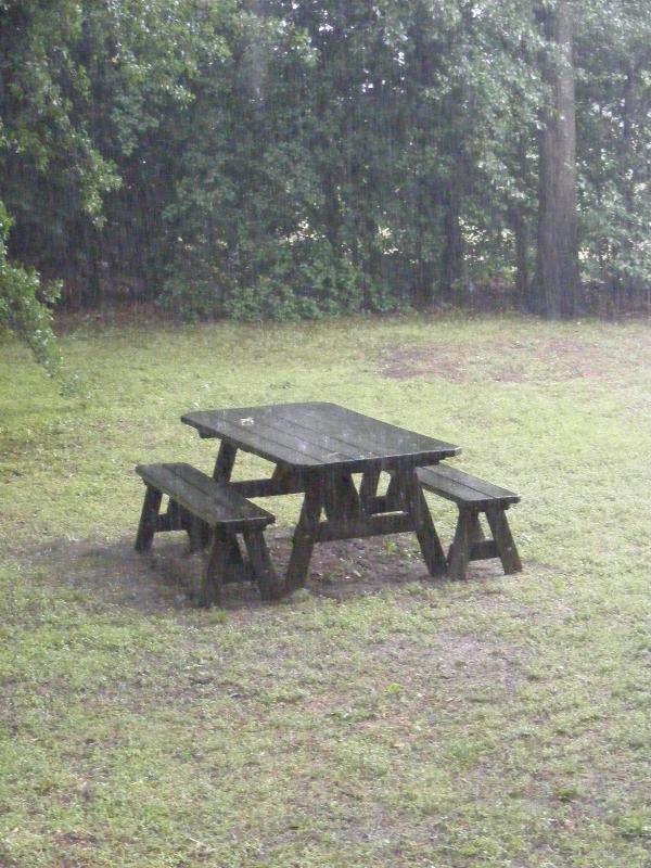 picnic table in the rain